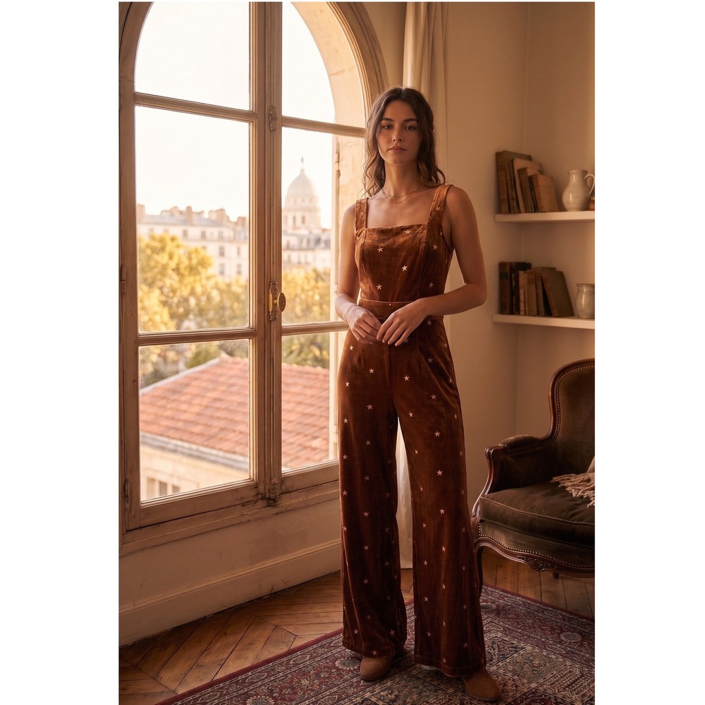 Jun and Ivy Rust Velvet Star Embroidered Wide Leg Jumpsuit Womens Size XS